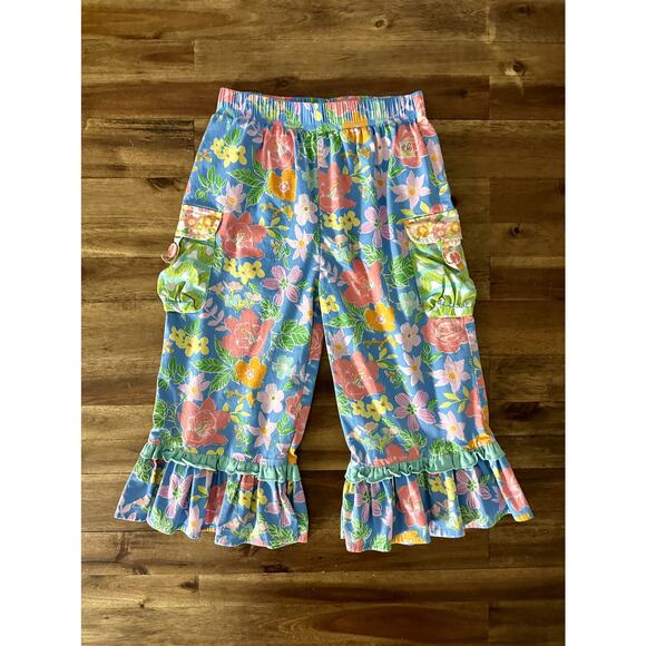 Wildflowers Best Day Ever Spring Fling Ruffle Blue Green Pink Floral Capri Pants - Picture 2 of 8